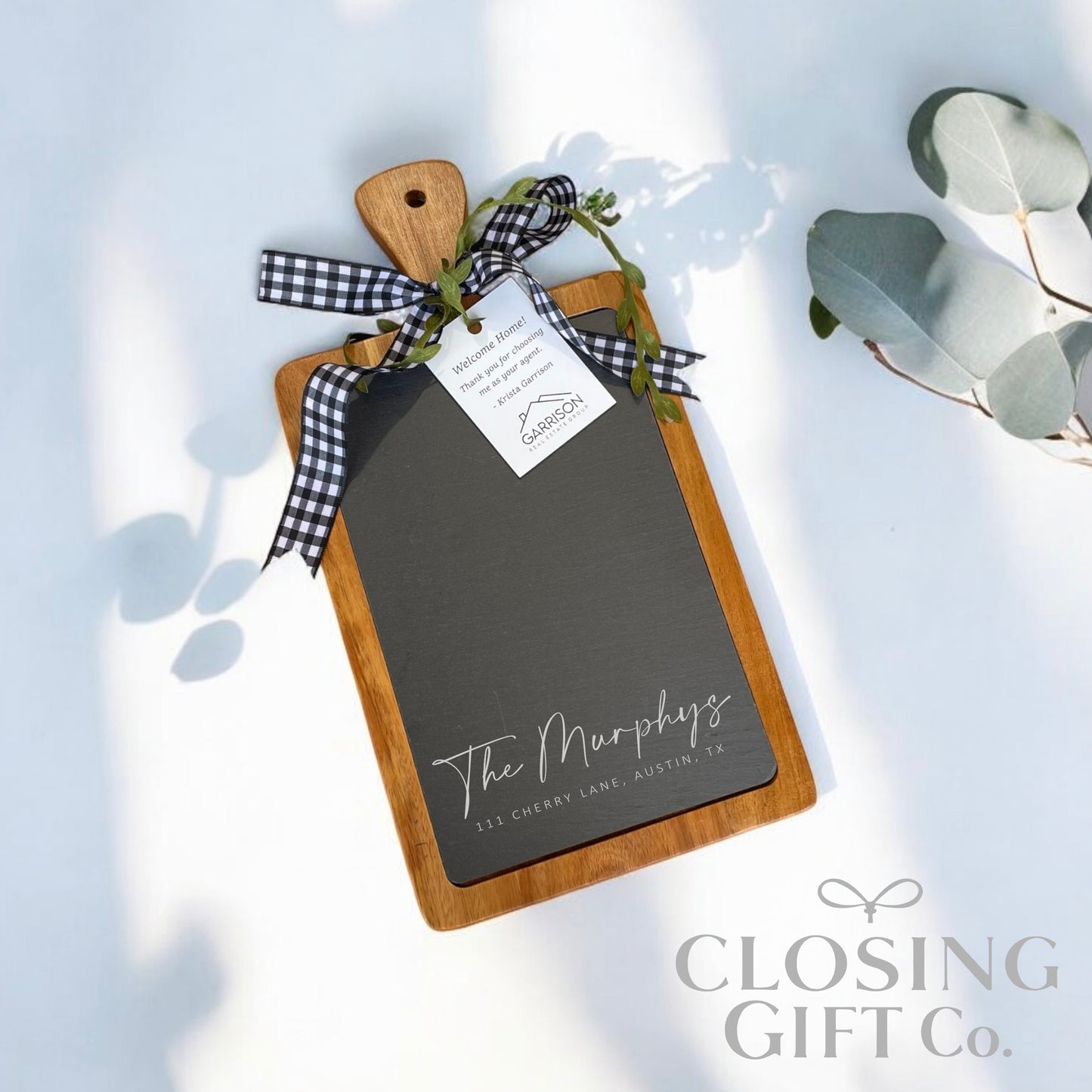 Realtor Closing Gift Basket | Housewarming Gift for New Home | Engraved Acacia & Slate Cutting Board, Coasters & 20oz Tumblers