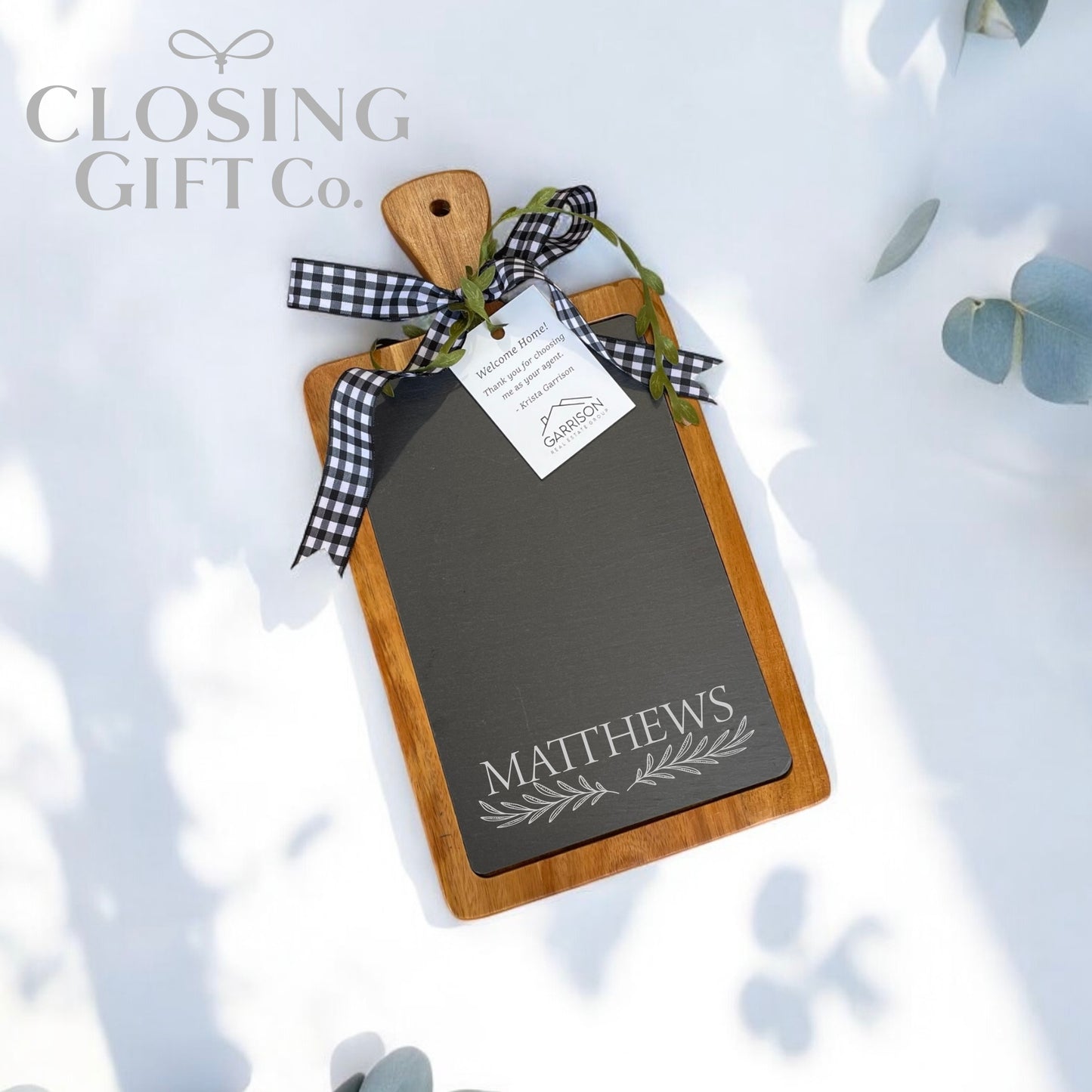 Realtor Closing Gift Basket | Housewarming Gift for New Home | Engraved Acacia & Slate Cutting Board, Coasters & 20oz Tumblers