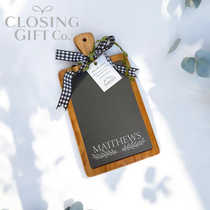 Realtor Closing Gift Basket | Housewarming Gift for New Home | Engraved Acacia & Slate Cutting Board, Coasters & 20oz Tumblers