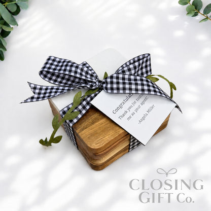 Personalized Acacia & Marble Coaster Set | Engraved Housewarming Gift | Realtor Closing Gift