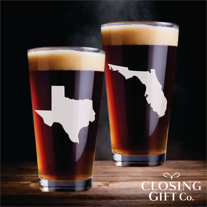 PINT GLASS ENGRAVED WITH STATE SHAPE OF YOUR CHOICE