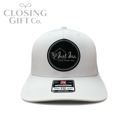 TRUCKER HAT WITH CUSTOM LEATHER PATCH -ENGRAVED WITH YOUR LOGO