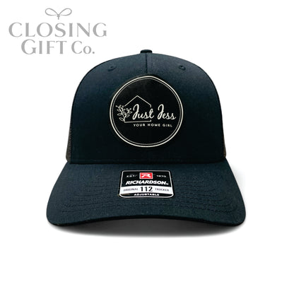TRUCKER HAT WITH CUSTOM LEATHER PATCH -ENGRAVED WITH YOUR LOGO