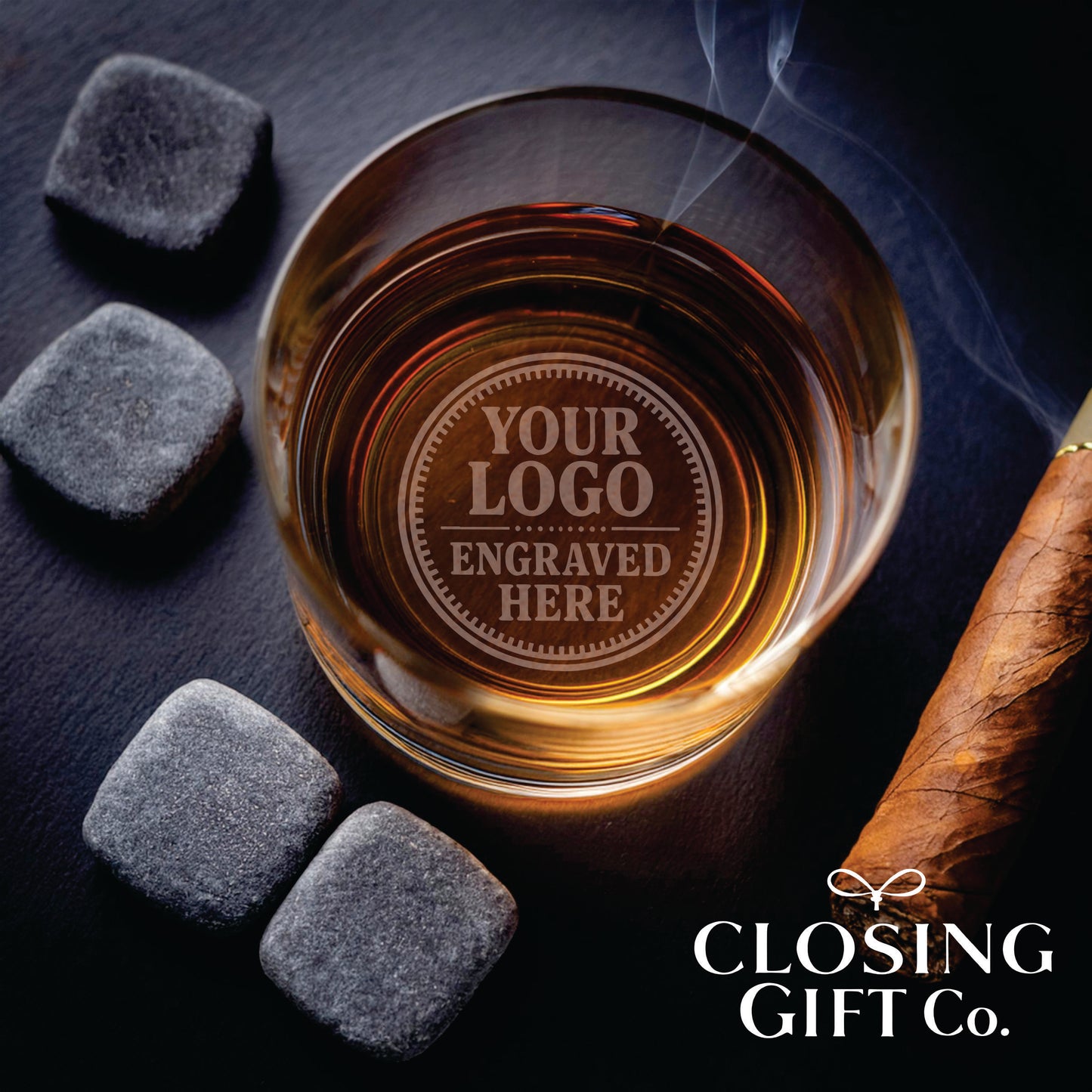 ROUND WHISKEY GLASS - ENGRAVED WITH YOUR LOGO ON THE BOTTOM